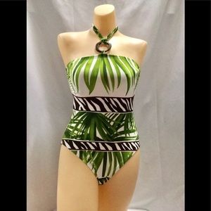 NWT Jantzen bandeau or halter jungle animal palm print white brown green